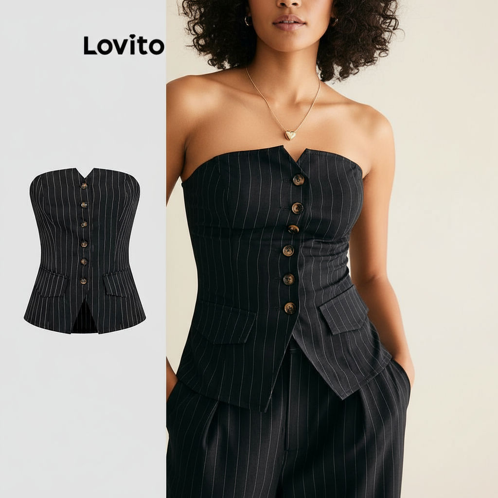 (trendy3)Lovito เสื้อกล้ามกระดุมหน้าจับจีบธรรมดาหรูหราสําหรับผู้หญิง L113MD424