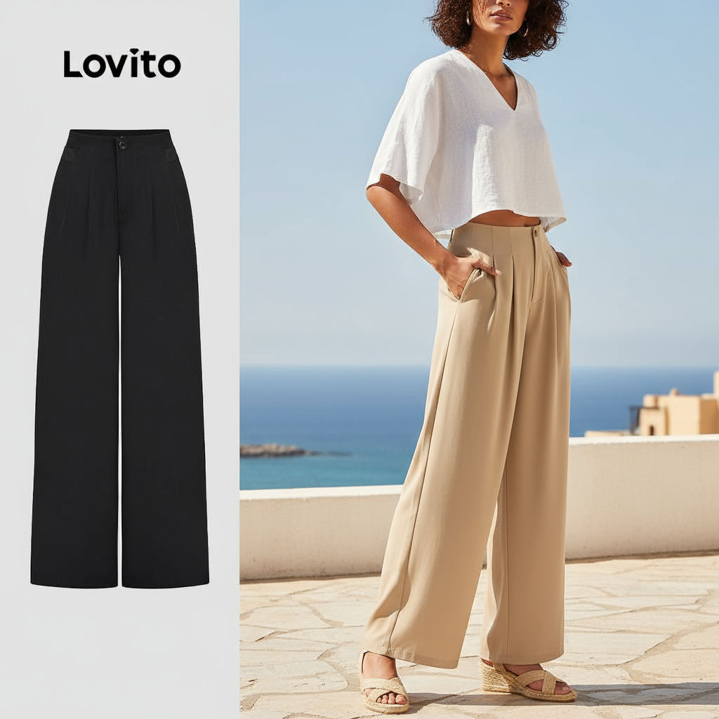 (Fashion_3) Lovito กางเกงลําลองกางเกงด้านหน้าแยกปุ่มธรรมดาสําหรับผู้หญิง L96MD033