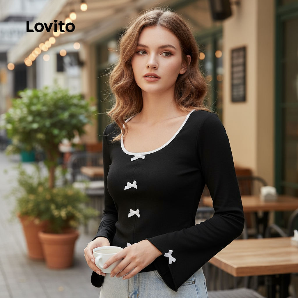 Lovito เสื้อยืดแขนยาวสำหรับผู้หญิง ออกแบบมาพร้อมโบว์