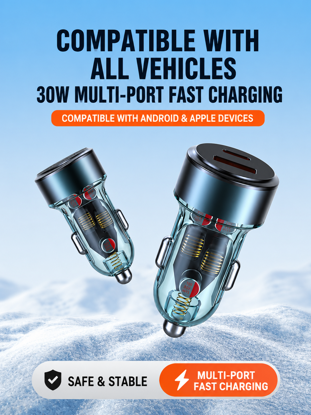 55w USB Type-c Fast Car Charger Qc3.0 Pd3.0 12v 24v การออกแบบโปร่งใสสําหรับอุปกรณ์เสริมในรถยนต์