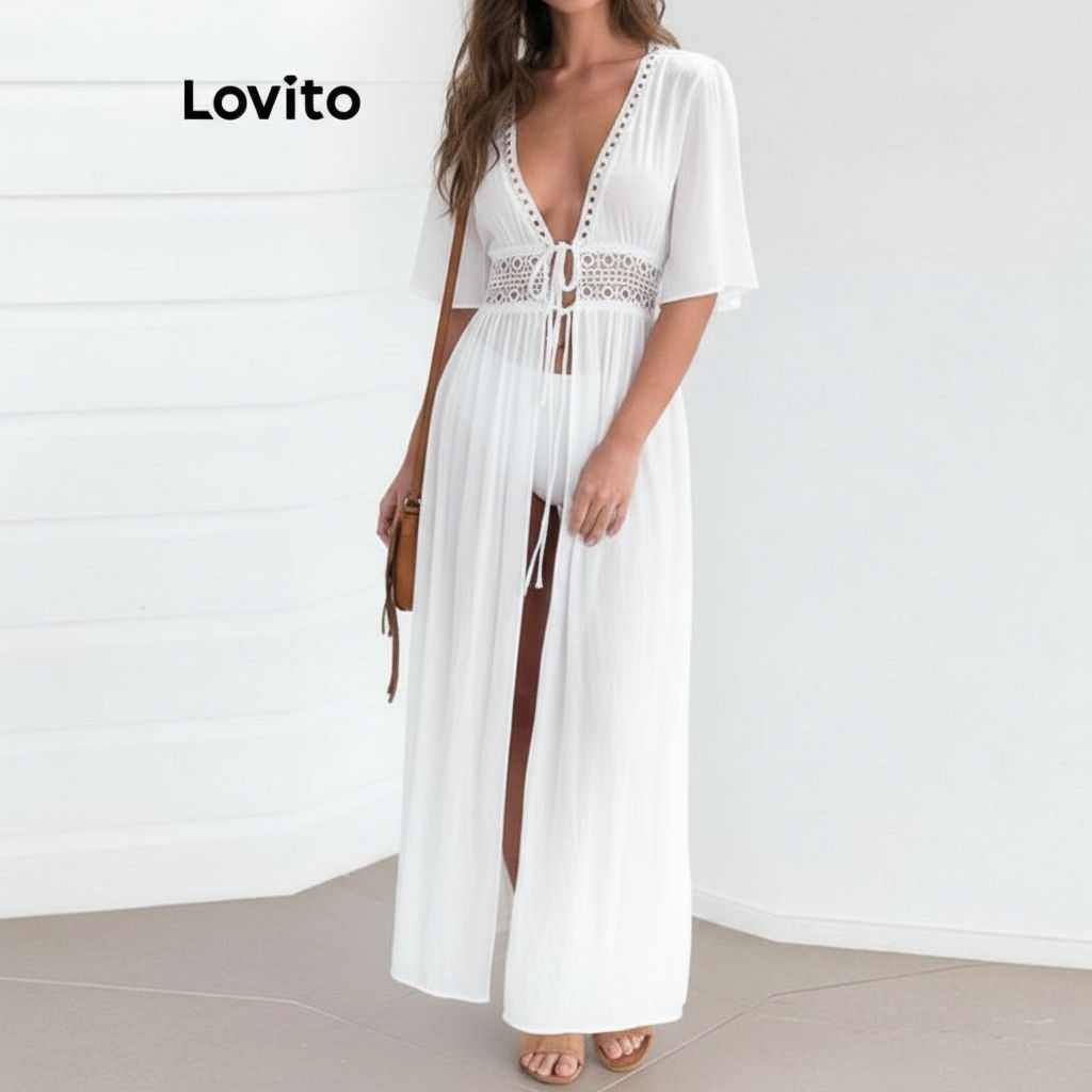 Lovito เสื้อคลุมกิโมโนผู้หญิง ผ้าเย็บต่อ สีพื้น สไตล์ลำลอง LNE60448