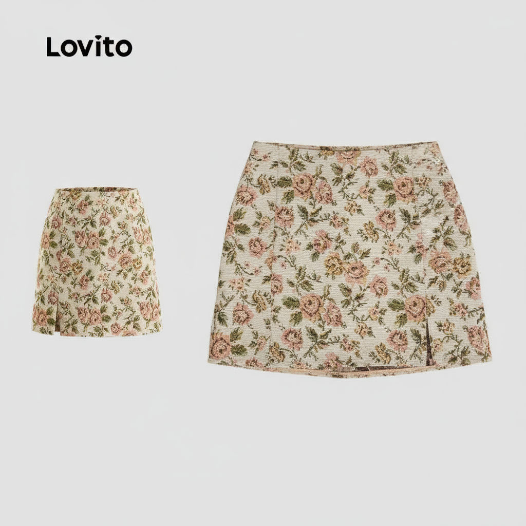 trendy5-Lovito กระโปรงผ้าแจ็คการ์ดลายดอกไม้หรูหราสําหรับผู้หญิง L124AD789