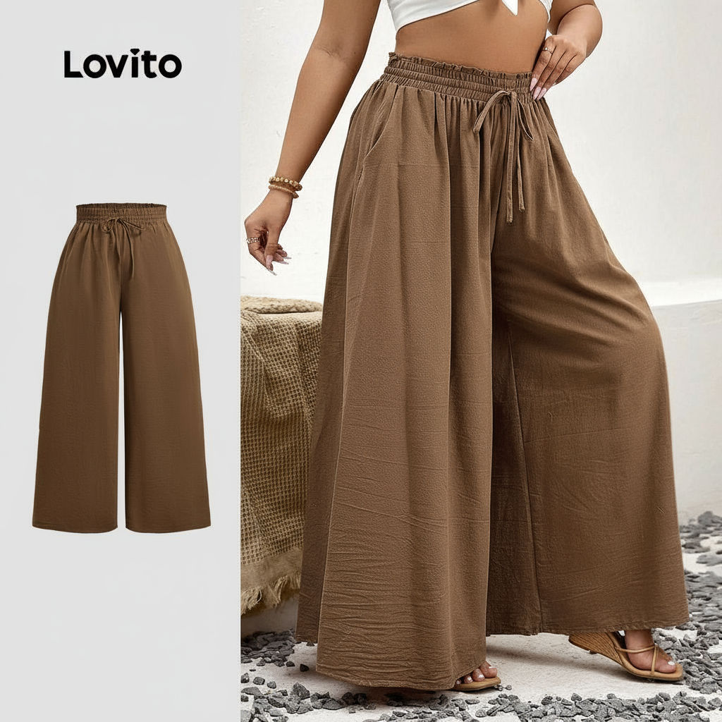 trendy4-Lovito กางเกงลำลองผ้าลูกไม้เปิดกระเป๋า เนื้อดี เหมาะสำหรับฤดูใบไม้ผลิ/ฤดูร้อน สีน้ำตาล สำหรั