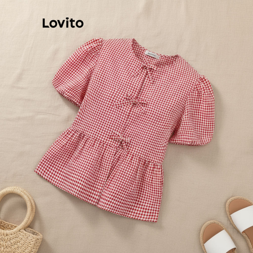 (Fashion_3) Lovito เสื้อเบลาส์น่ารัก เสื้อเบลาส์โบว์หน้าผูกโบว์สําหรับผู้หญิง L101AD087