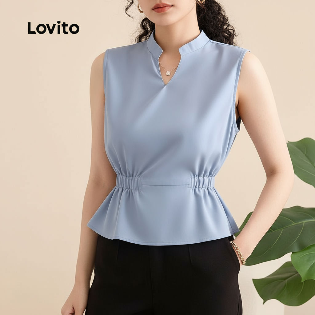 Lovito เสื้อคลุมลำลองผ้าถักคอวีสำหรับผู้หญิง สีฟ้าสำหรับฤดูใบไม้ผลิ/ฤดูร้อน L142ED657\1