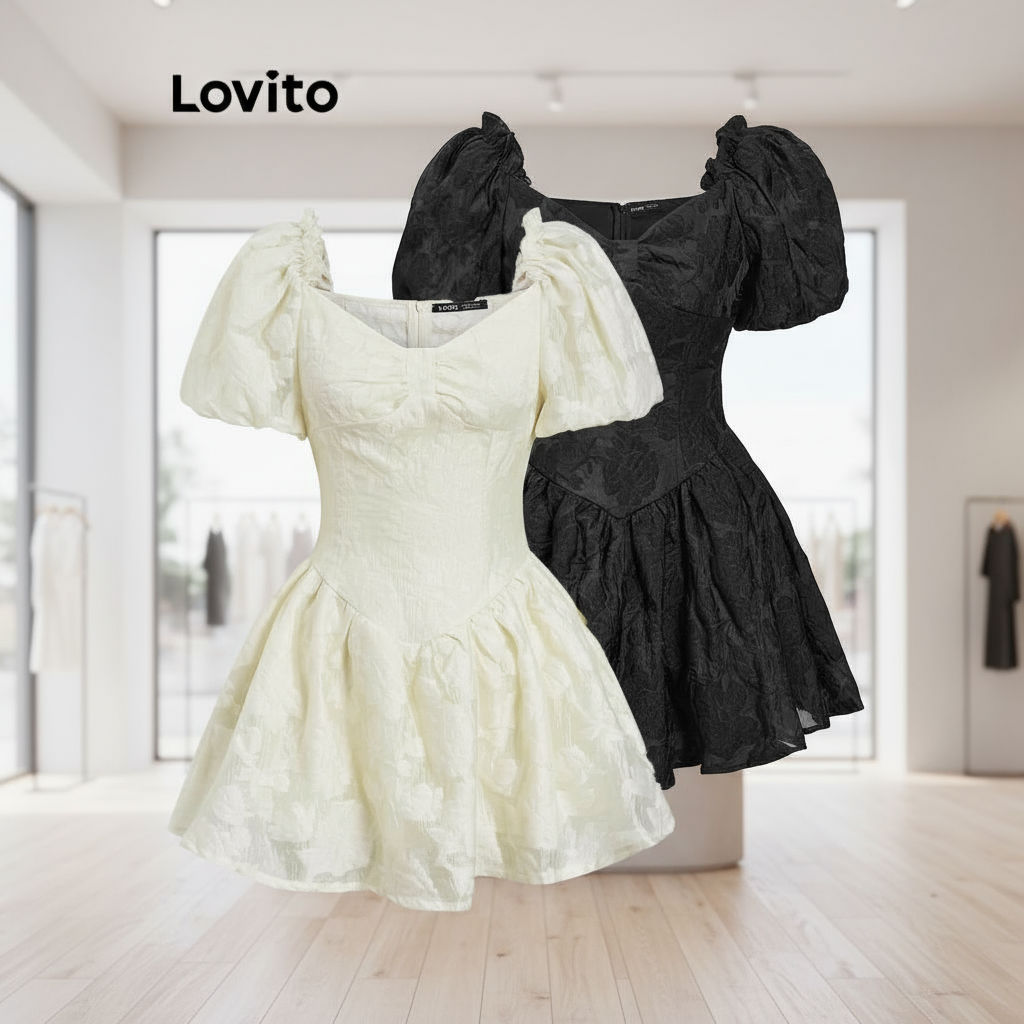 (trendy3)Lovito ชุดน่ารัก ผ้าแจ็คการ์ด พัฟแขนพื้นผิวผ้า ผ้าแจ็คการ์ด ชุดสําหรับผู้หญิง L37AD043 (หลา