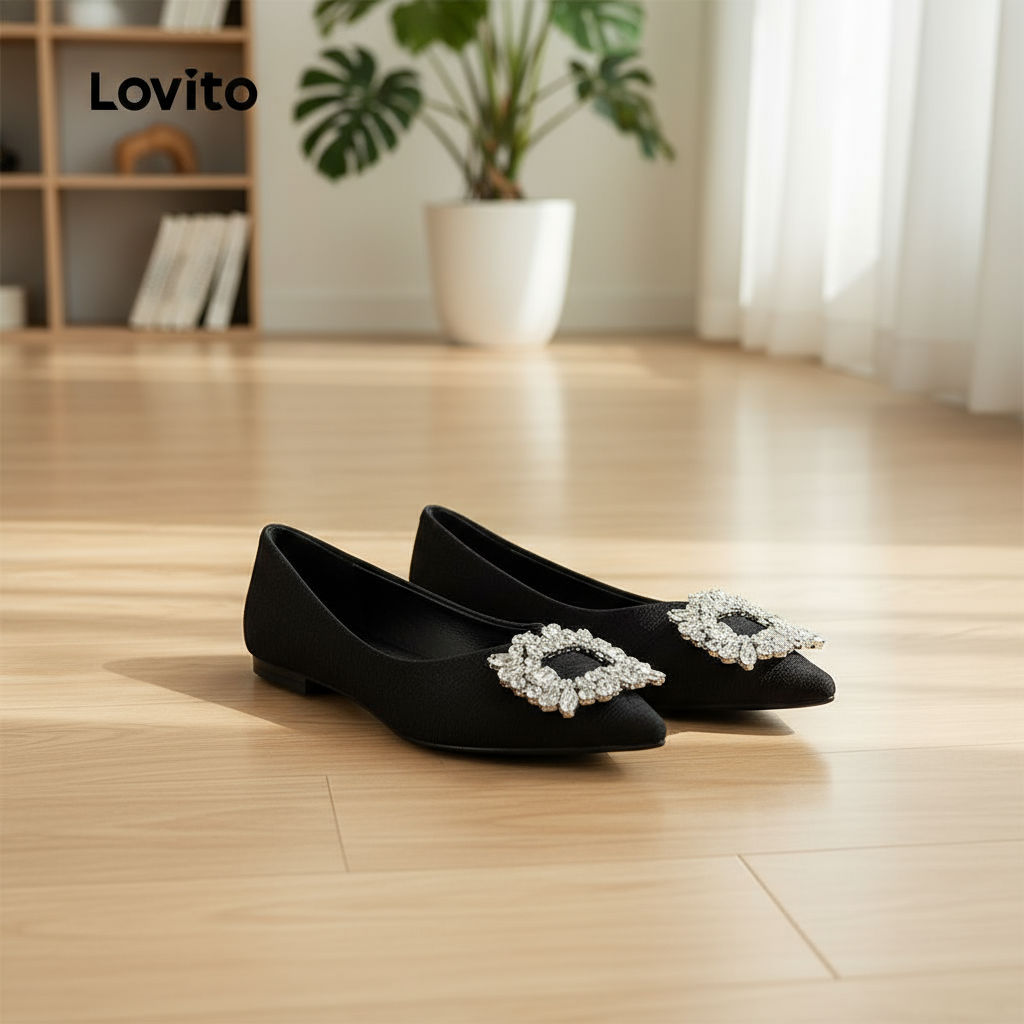 (trendy3)Lovito รองเท้าส้นเตี้ยบัลเล่ต์ลําลอง พลอยเทียม ธรรมดาอารมณ์ฝรั่งเศสชี้ด้านล่างนุ่มสบายบัลเล