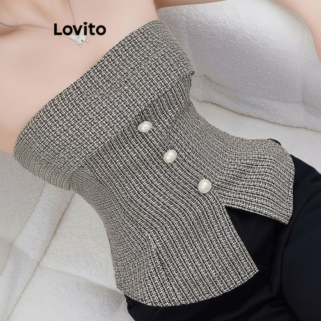 (Trendy2) Lovito เสื้อกล้ามลายกิงแฮมติดกระดุมหน้าสไตล์ลำลองสำหรับผู้หญิงในช่วงฤดูร้อน/ฤดูใบไม้ผลิ L1