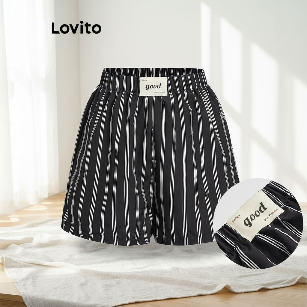 (trendy4)Lovito กางเกงขาสั้นลายทางสีบล็อกลำลองสำหรับผู้หญิง L112ED507