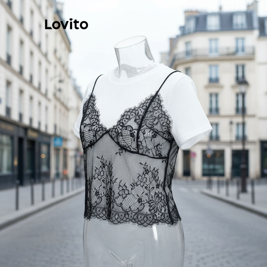 (Fashion_4) Lovito เสื้อยืดหรูหราเสื้อยืดเย็บผ้าลูกไม้ธรรมดาสําหรับผู้หญิง L106AD114