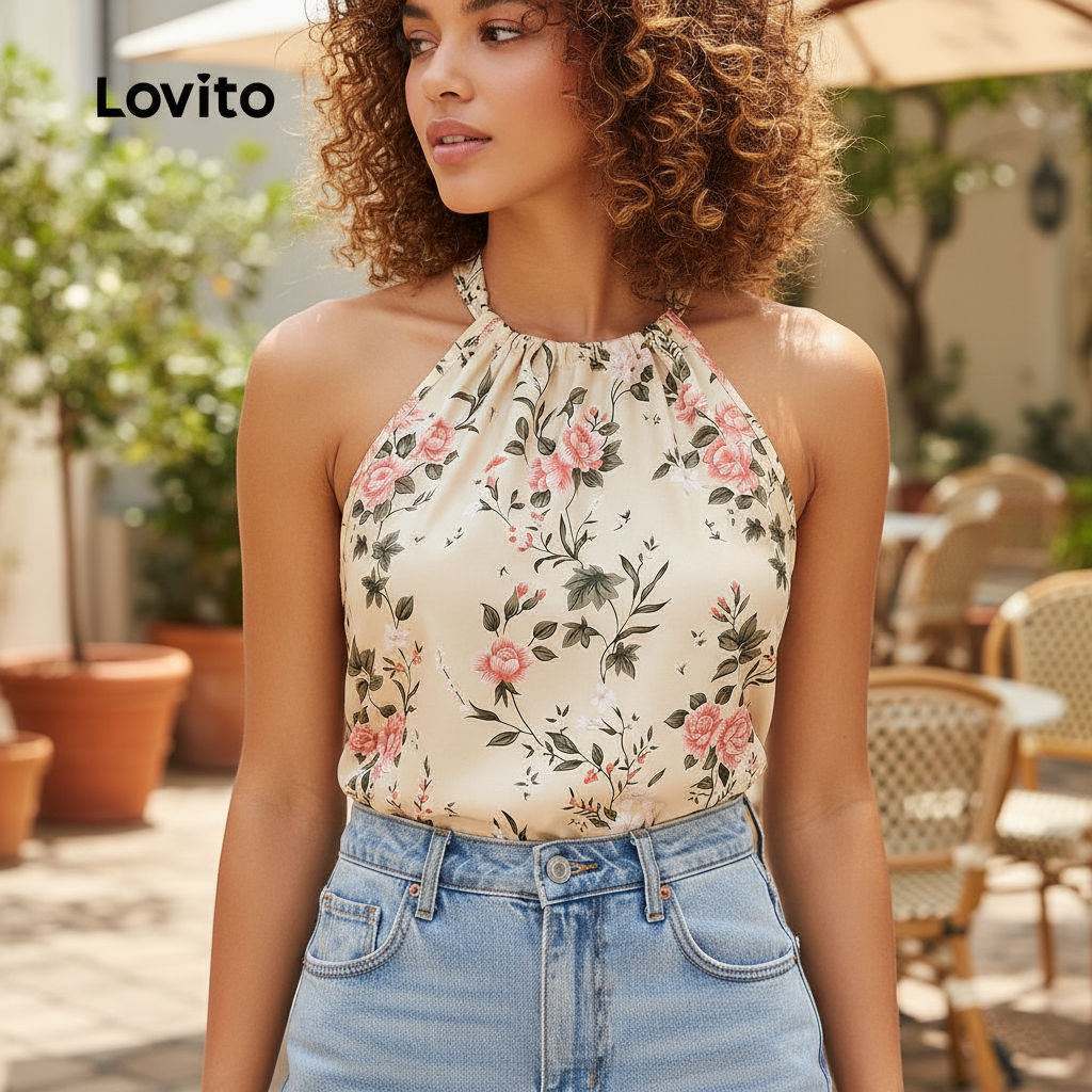 Lovito เสื้อผู้หญิงสไตล์รีสอร์ทฤดูใบไม้ผลิ/ฤดูร้อน เชือกผูกโบโฮ L137ED657