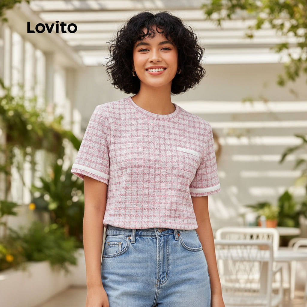 (trendy2)Lovito เสื้อบลูสะสบอกรายละเอียดด้านตรง แขนเสื้อแบบคอตตอนซุกซน นุ่มสบาย ฤดูใบไม้ผลิ/ฤดูร้อน 