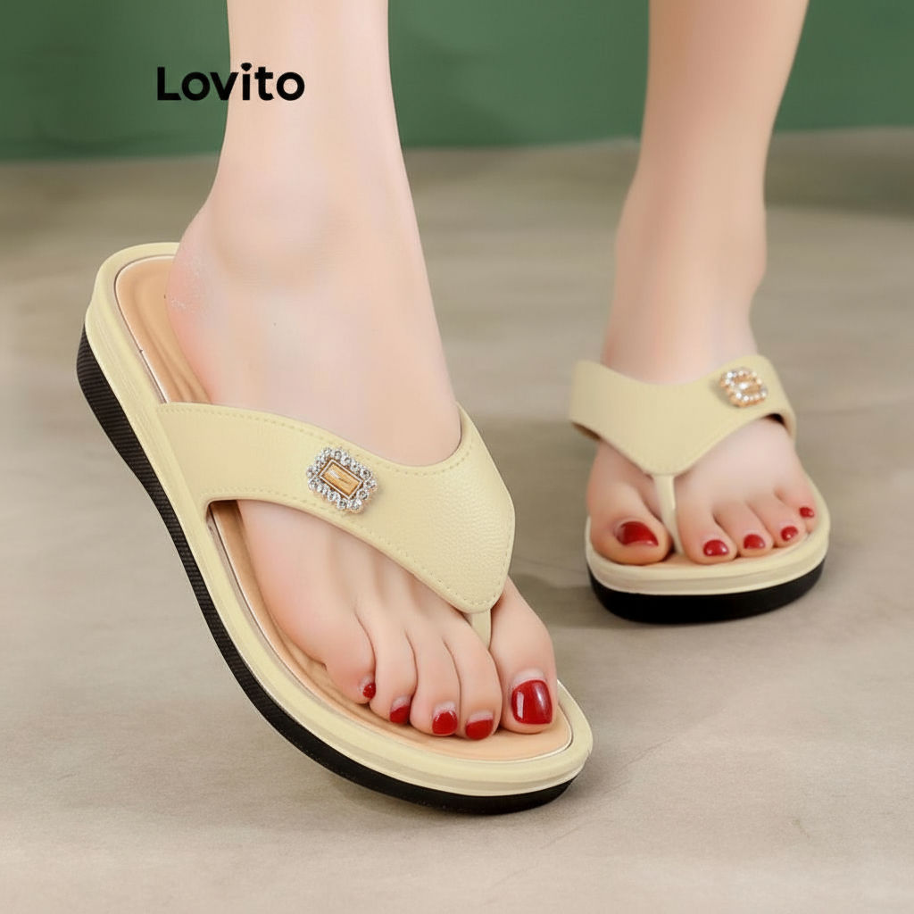 (trendy4)Lovito ลำลองสีพื้นไข่มุกไรน์สโตนพื้นหนานุ่มนิ่มด้านล่างWear Outside รองเท้าแตะส้นแบนfor Wom