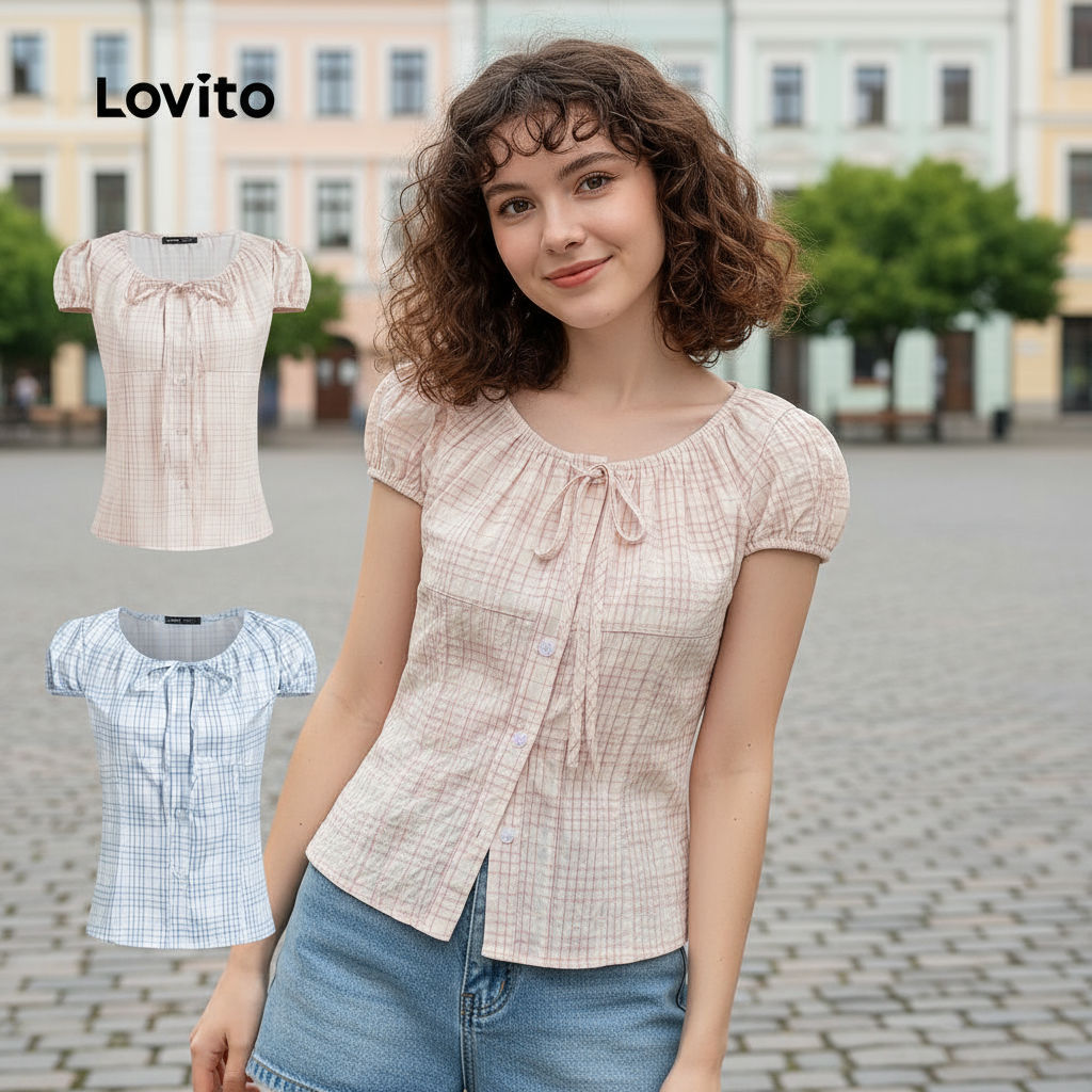 (trendy3)Lovito ฤดูร้อนสบายๆ/ฤดูใบไม้ผลิเสื้อลายลูกไม้ขึ้นเสื้อจีบสําหรับผู้หญิง L130AD146