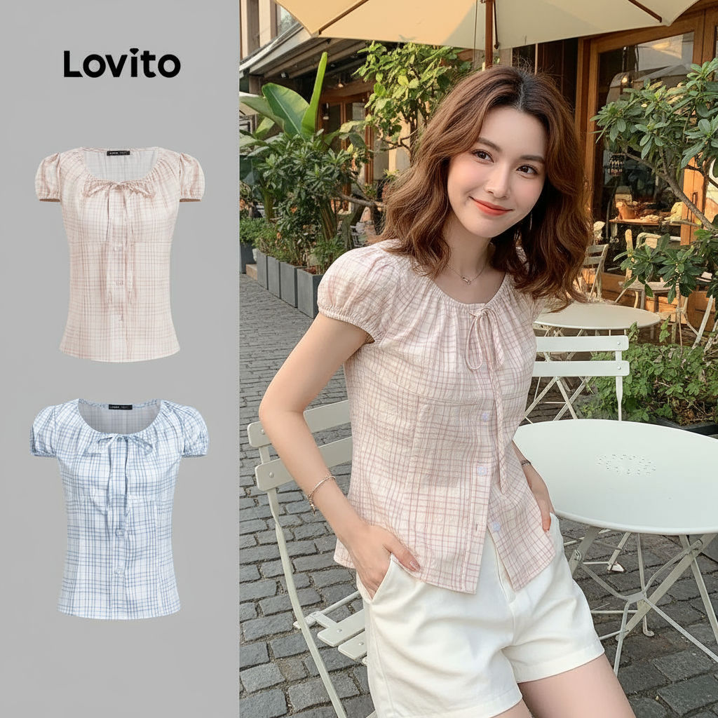 (trendy6)Lovito ฤดูร้อนสบายๆ/ฤดูใบไม้ผลิเสื้อลายลูกไม้ขึ้นเสื้อจีบสําหรับผู้หญิง L130AD146