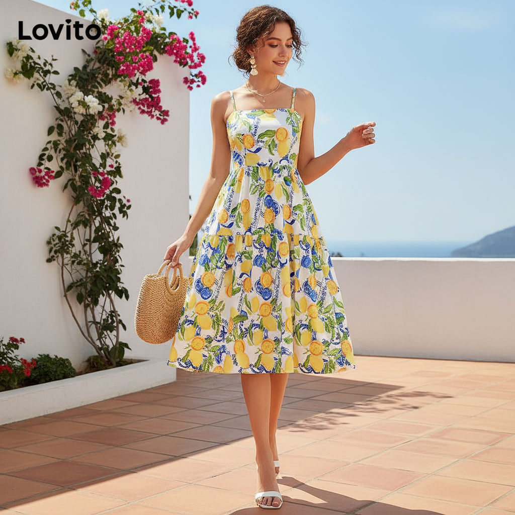 Lovito เดรสผู้หญิงสไตล์โบฮีเมียนลายผลไม้และผัก พร้อมเชือกผูก L112ED625