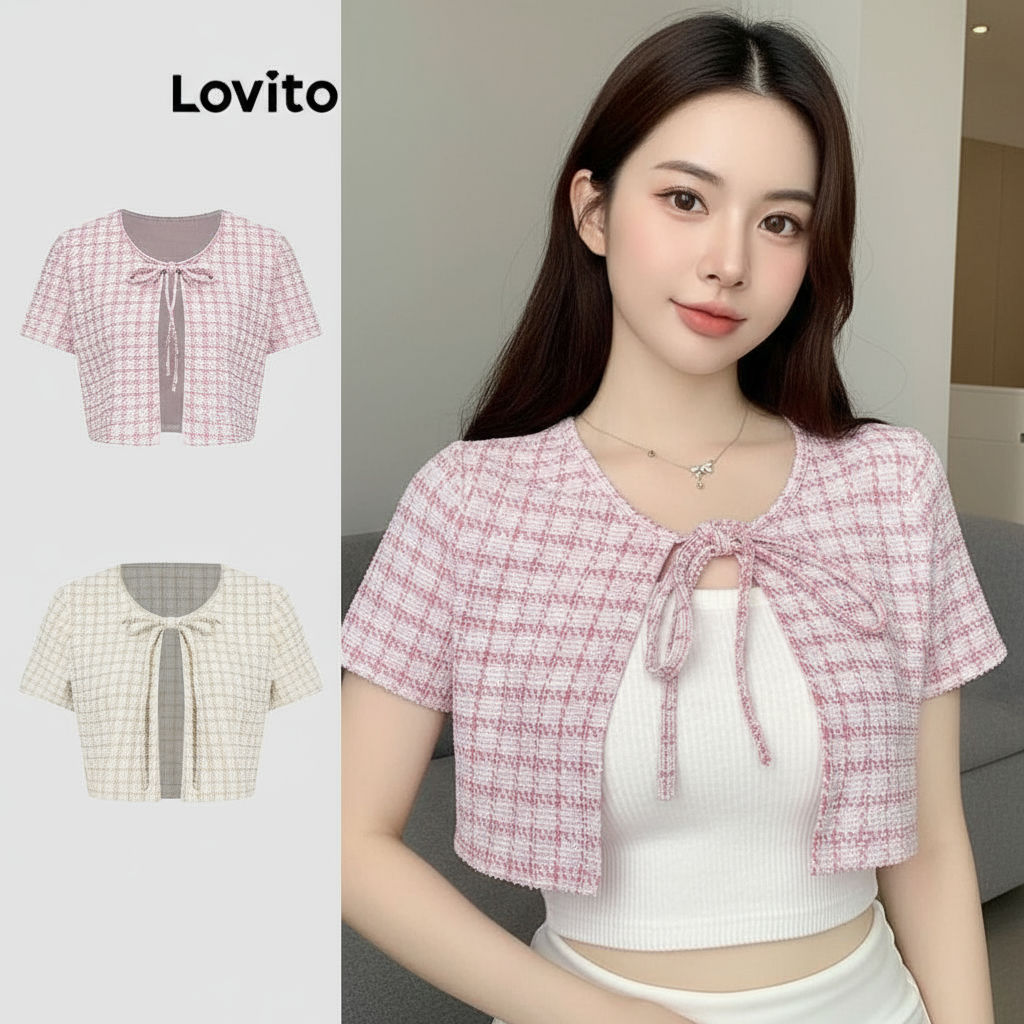 Lovito เสื้อเชิ้ตผู้หญิงลูกไม้ลายสก๊อตผ้าลายผูกด้านหน้าสําหรับฤดูใบไม้ผลิและฤดูร้อน L90AD001 (หลายสี
