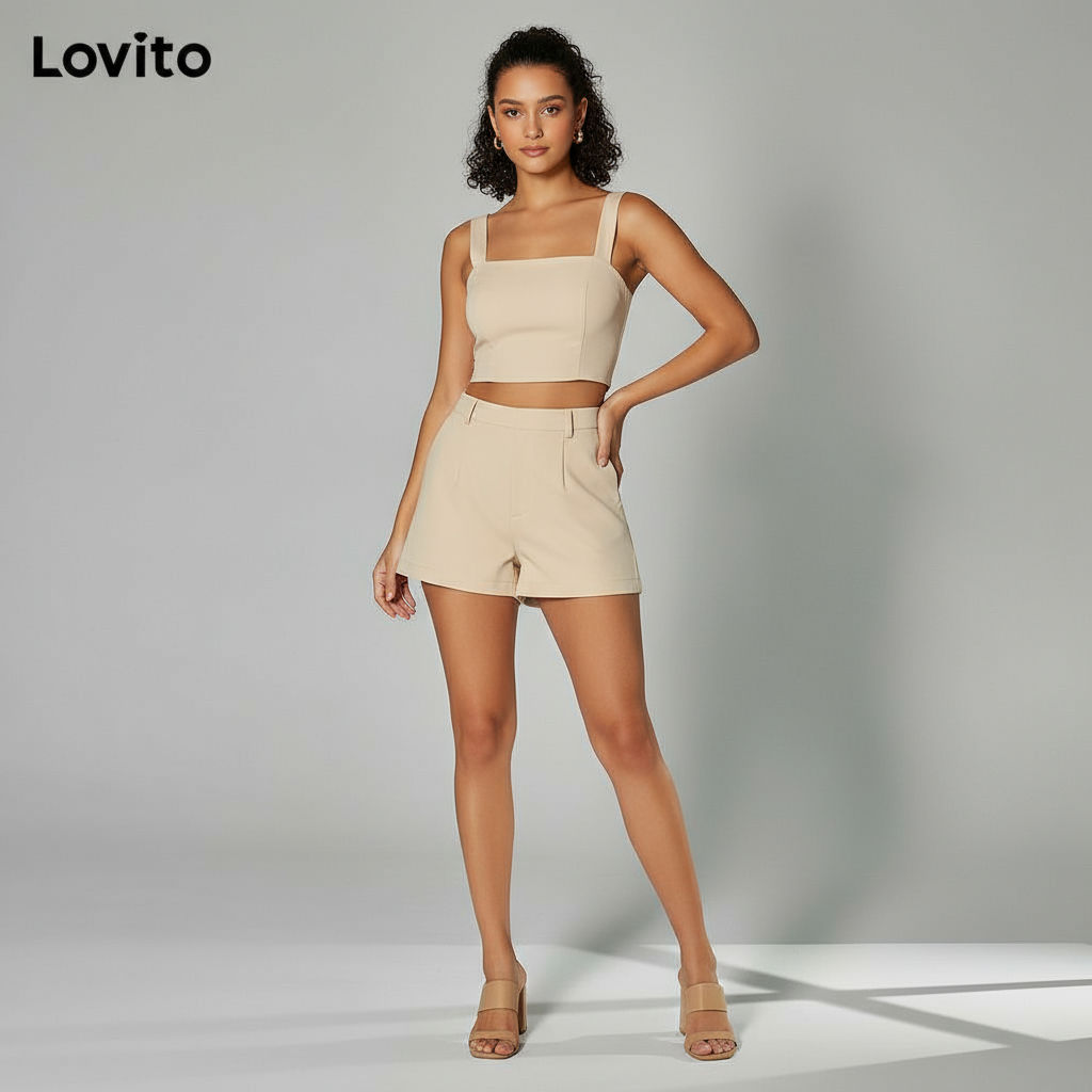(trendy3) Lovito ชุดกางเกงขาสั้นมีซิปสีพื้นสองชิ้นแบบลําลองสําหรับผู้หญิง LBA05188 (แอปริคอท)