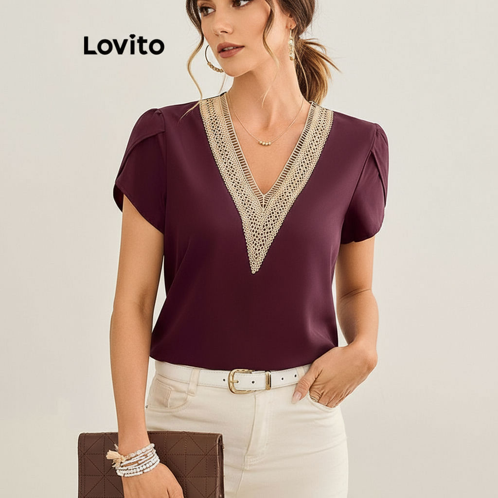 trendy4-Lovito เสื้อหรูหราเสื้อคอระบายธรรมดาสําหรับผู้หญิง LBL19214
