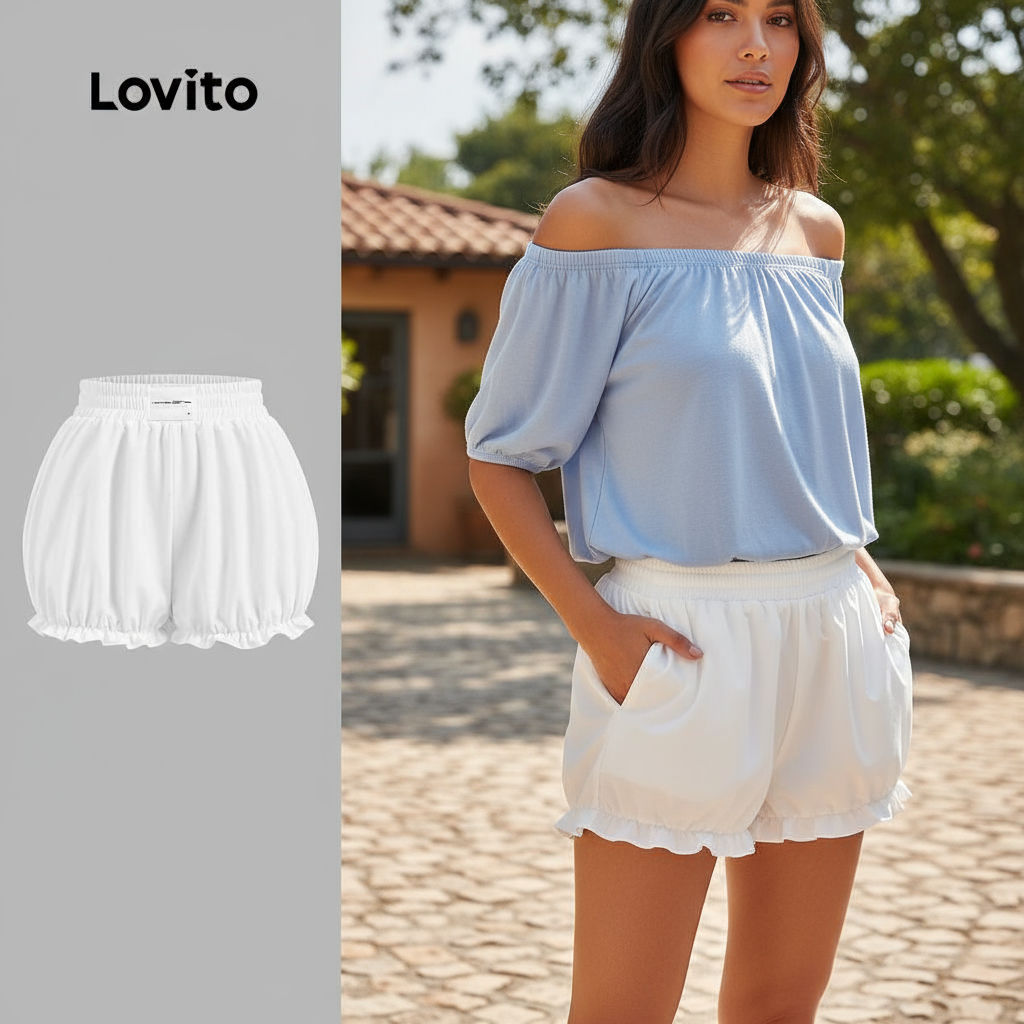 (Fashion_3) Lovito กางเกงขาสั้นลำลอง แต่งขอบสีพื้น กางเกงขาสั้นฤดูร้อน/ฤดูใบไม้ผลิสำหรับผู้หญิง L130