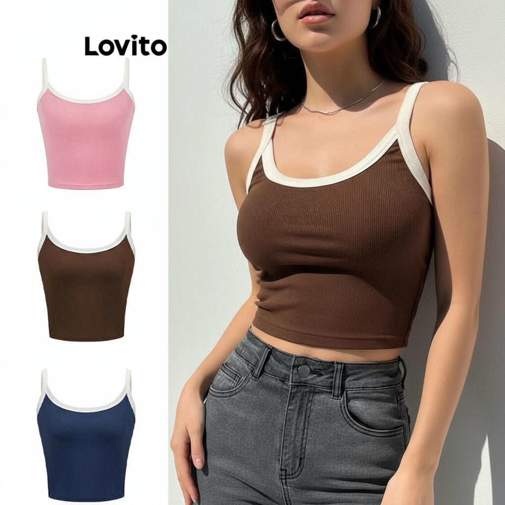 (trendy4)Lovito เสื้อกล้ามผู้หญิง สไตล์ลำลอง สีพื้น คอนทราสท์ไบดิ้ง L70AD028 (หลากสี)