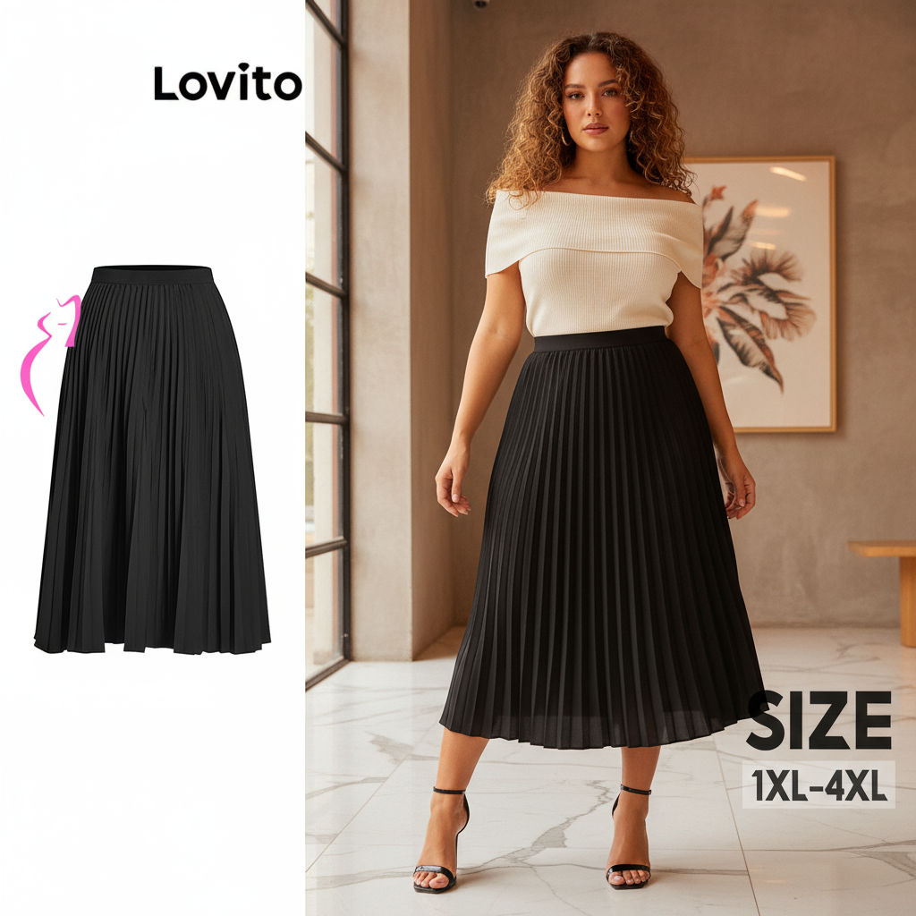 (trendy5)Lovito กระโปรงสาวอวบ แต่งจีบ สีพื้น สไตล์หรูหรา LBL16158