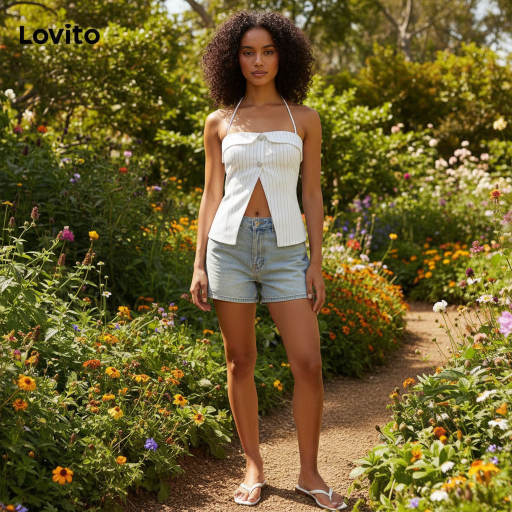 (trendy4)Lovito เสื้อแขนกุดผู้หญิง มีกระดุม สีพื้น สไตล์ลำลอง LNA75360