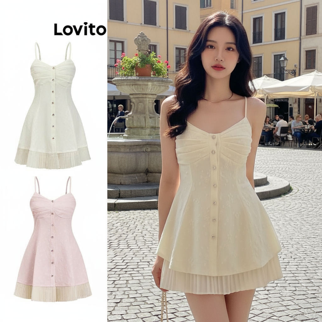(Fashion_2) Lovito ชุดเดรสลําลองชุดเดรสกระดุม ผ้าแจ็คการ์ด แบบจีบฤดูร้อนสําหรับผู้หญิง L86ED347