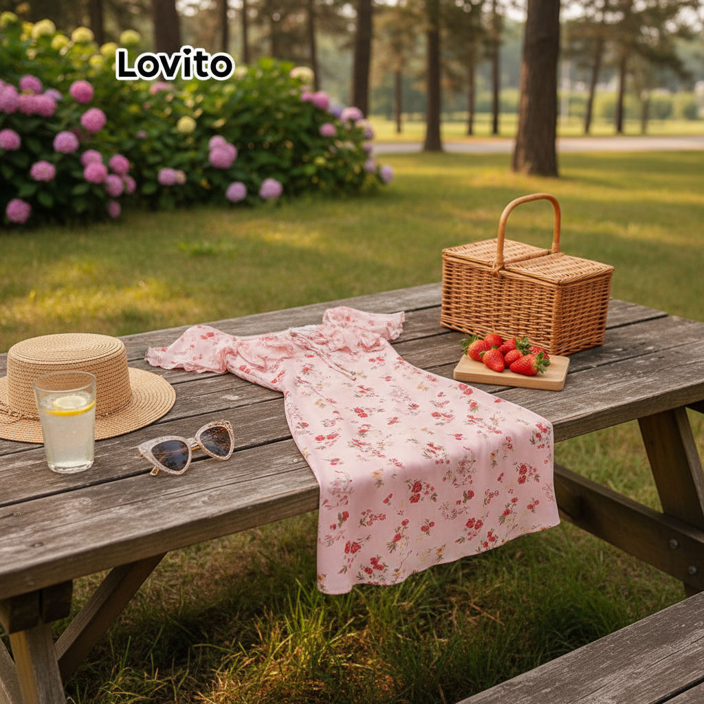 Lovito ชุดเดรสผู้หญิง แบบขอบหยัก ลายดอกไม้ สไตล์ลำลอง L101AD140