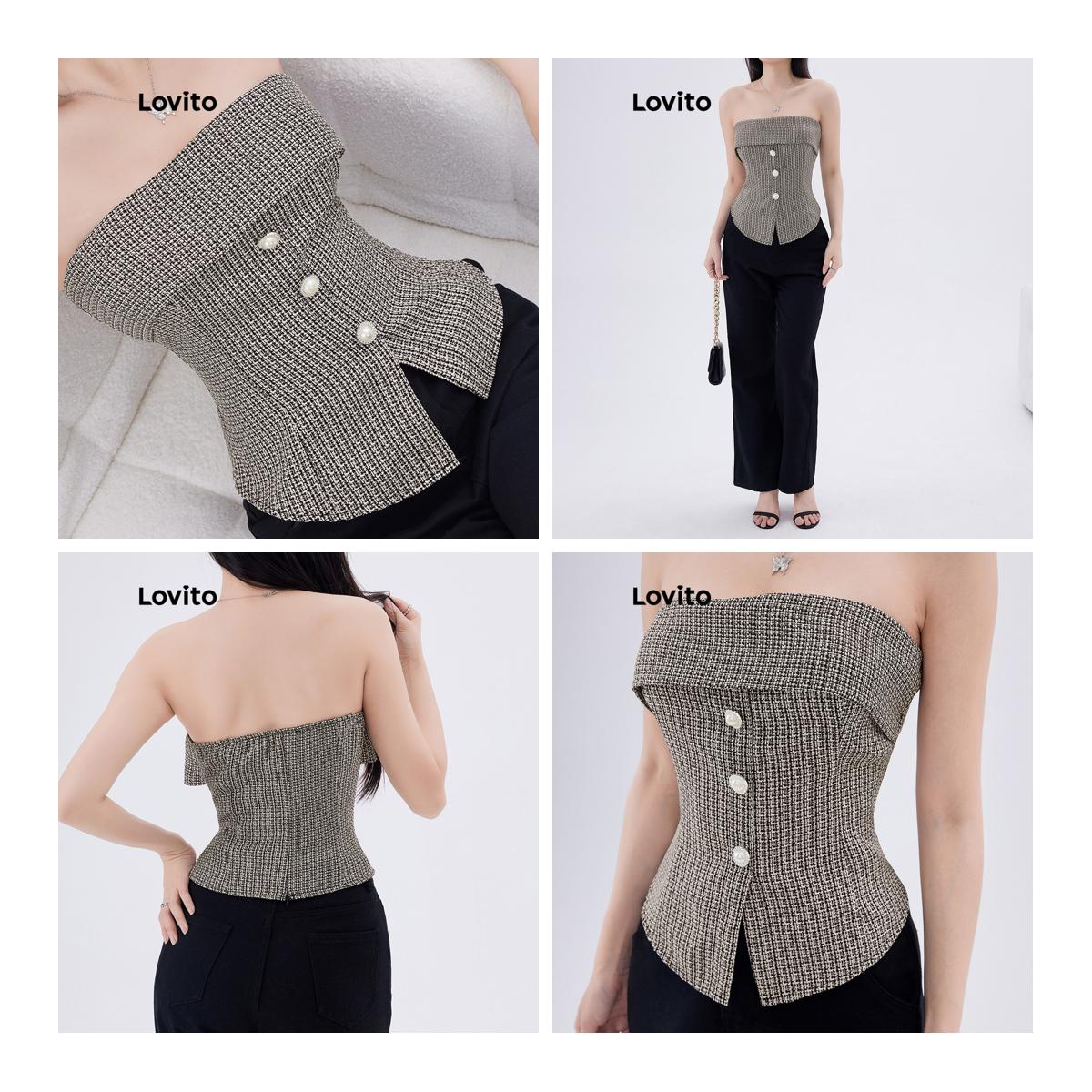 (Fashion1) Lovito เสื้อกล้ามลายกิงแฮมติดกระดุมหน้าสไตล์ลำลองสำหรับผู้หญิงในช่วงฤดูร้อน/ฤดูใบไม้ผลิ L