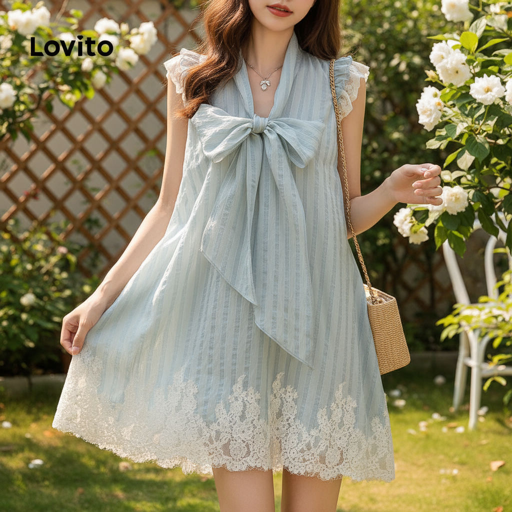 (Fashion_4) Lovito ชุดเดรสลําลองชุดเดรสด้านหน้าโบว์ลูกไม้ลายทางสําหรับผู้หญิง LNA75576 (หลากสี)