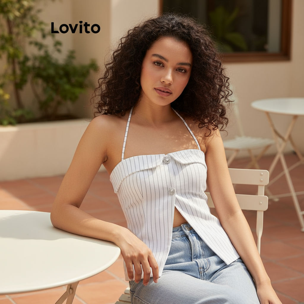 (trendy6)Lovito เสื้อแขนกุดผู้หญิง มีกระดุม สีพื้น สไตล์ลำลอง LNA75360