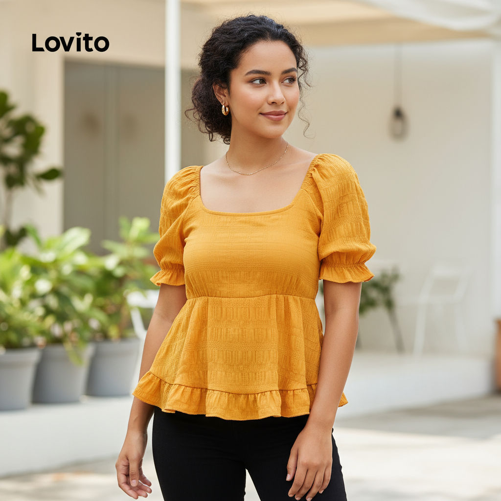 (trendy2)Lovito เสื้อเบลาส์สไตล์โบโฮชายระบายเรียบสำหรับฤดูร้อน/ฤดูใบไม้ผลิสำหรับผู้หญิง L132ED655