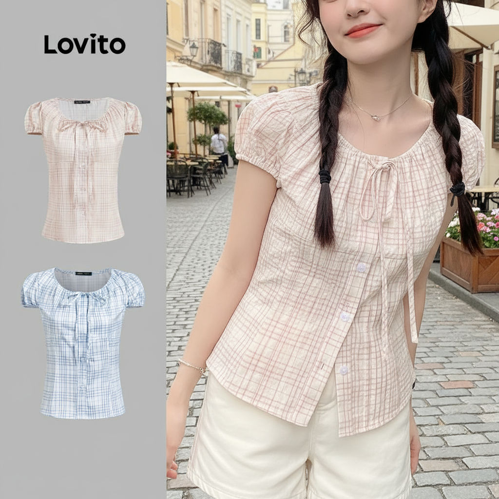 (trendy2)Lovito ฤดูร้อนสบายๆ/ฤดูใบไม้ผลิเสื้อลายลูกไม้ขึ้นเสื้อจีบสําหรับผู้หญิง L130AD146
