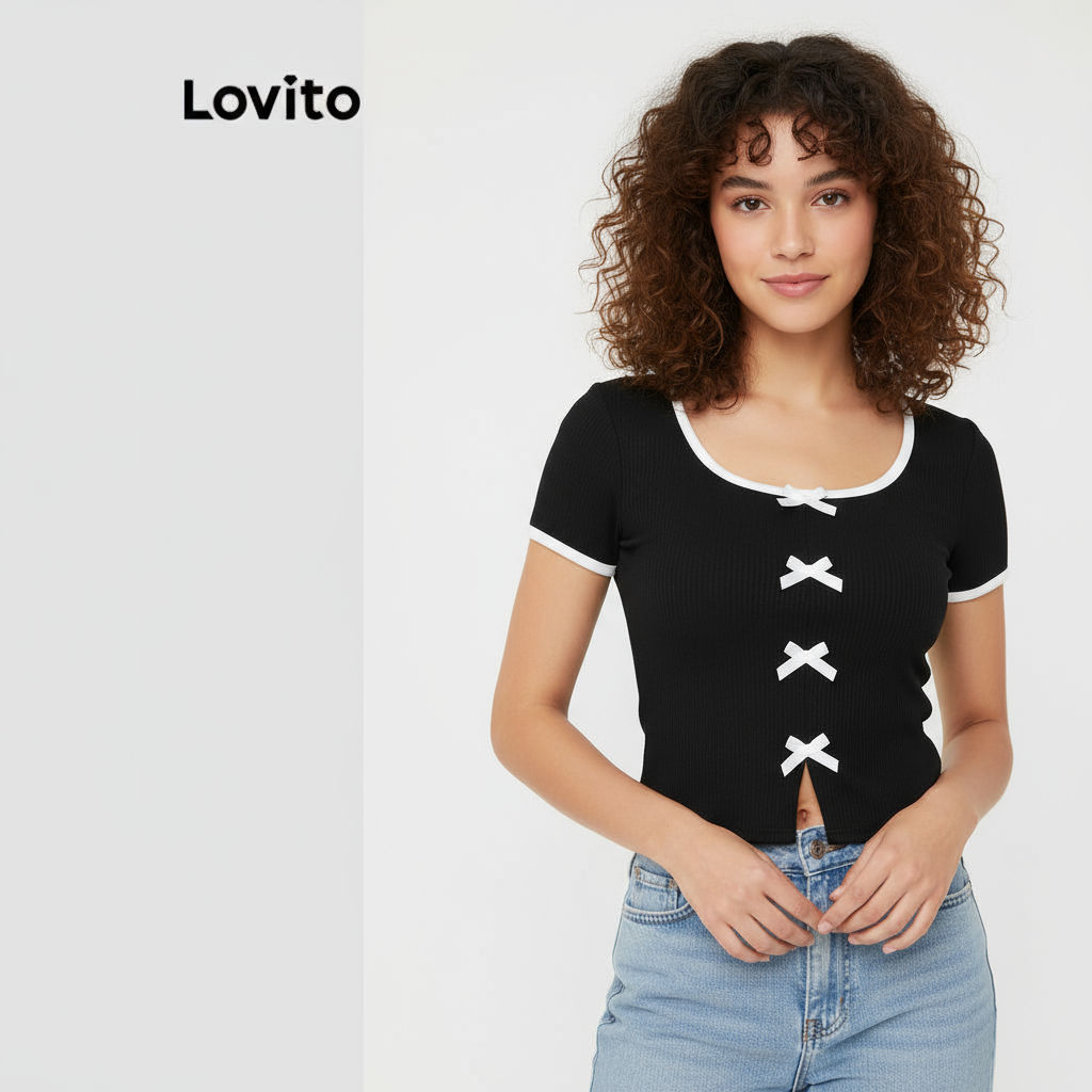 (trendy3)Lovito เสื้อยืดผูกโบว์สีพื้นลำลองสำหรับผู้หญิง L112ED657