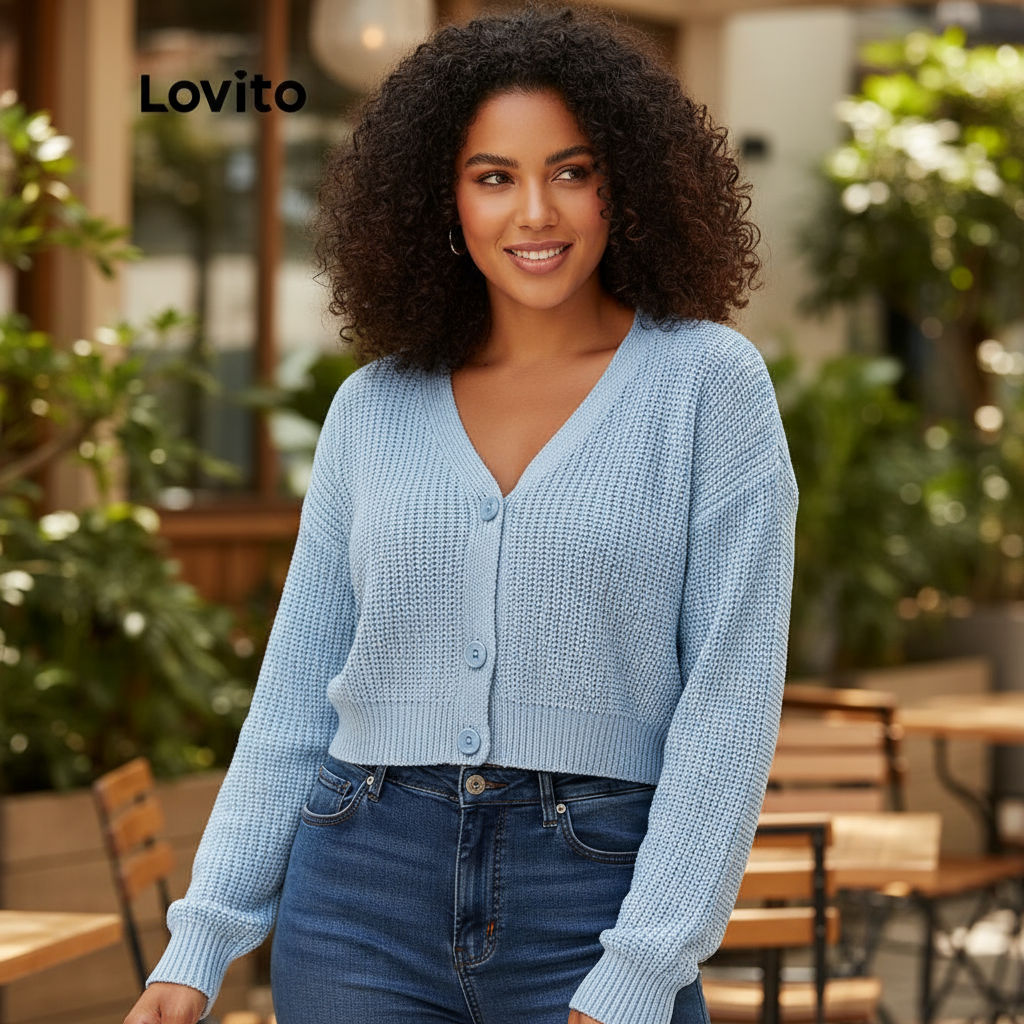 (Fashion_2) Lovito เสื้อคาร์ดิแกนลําลองเสื้อคาร์ดิแกนสเวตเตอร์ติดกระดุมแขนยาวคอวีสีพื้นสําหรับผู้หญิ