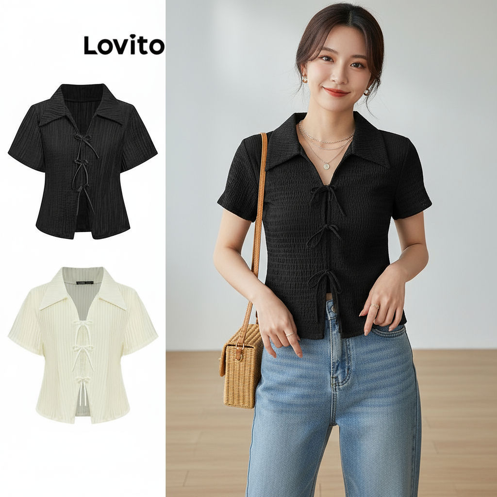 (Fashion_2) Lovito เสื้อยืดน่ารักเสื้อยืด ผ้าแจ็คการ์ด โบว์ธรรมดาฤดูร้อนสําหรับผู้หญิง L87ED028 (หลา