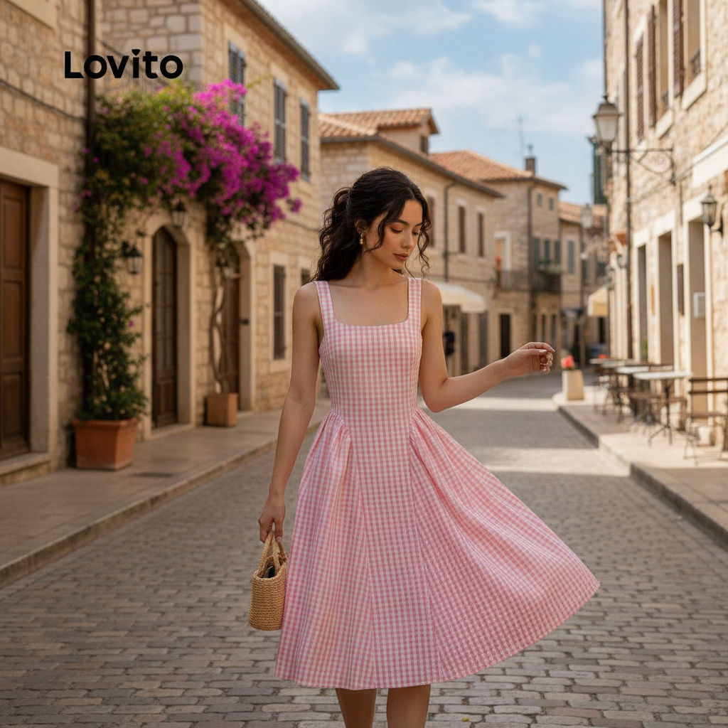 (trendy6)Lovito ชุดเดรสน่ารักทรงจีบ จับผ้าช่วงฤดูใบไม้ผลิ/ฤดูร้อน สีชมพู สำหรับผู้หญิง L144AD084