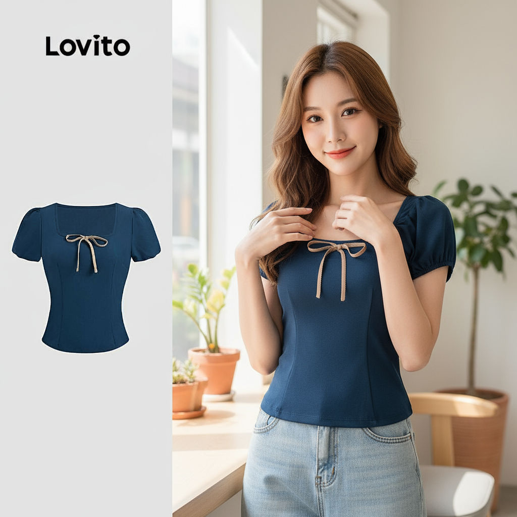 Lovito พัฟแขนเสื้อแบบพิเศษ ดีไซน์คอด้านหลังเป็นรูปสี่เหลี่ยม มาพร้อมเชือกเอวแคบที่สามารถปรับได้.BLB1