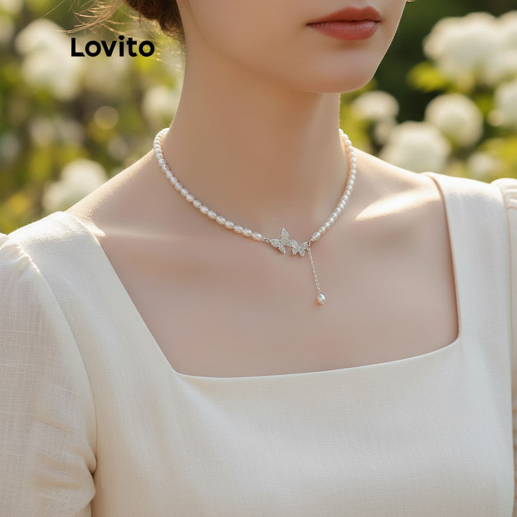 (trendy5)Lovito สร้อยคอไข่มุก สำหรับผู้หญิง LNA14115 (สีขาว)