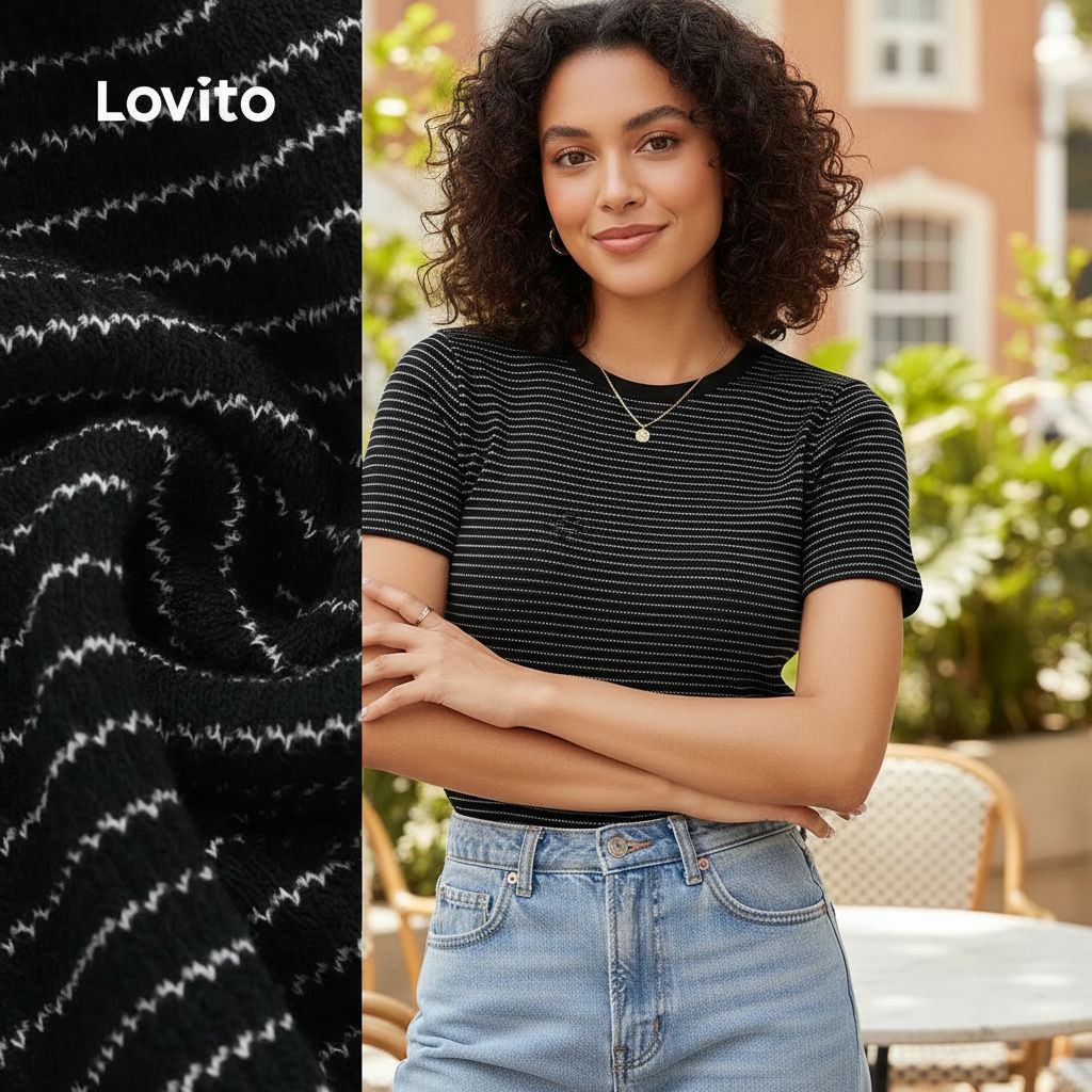 Lovito เสื้อยืดคอมน สีดํา ขอบต่างกัน สําหรับผู้หญิง ฤดูใบไม้ผลิ/ฤดูร้อน L143AD1881