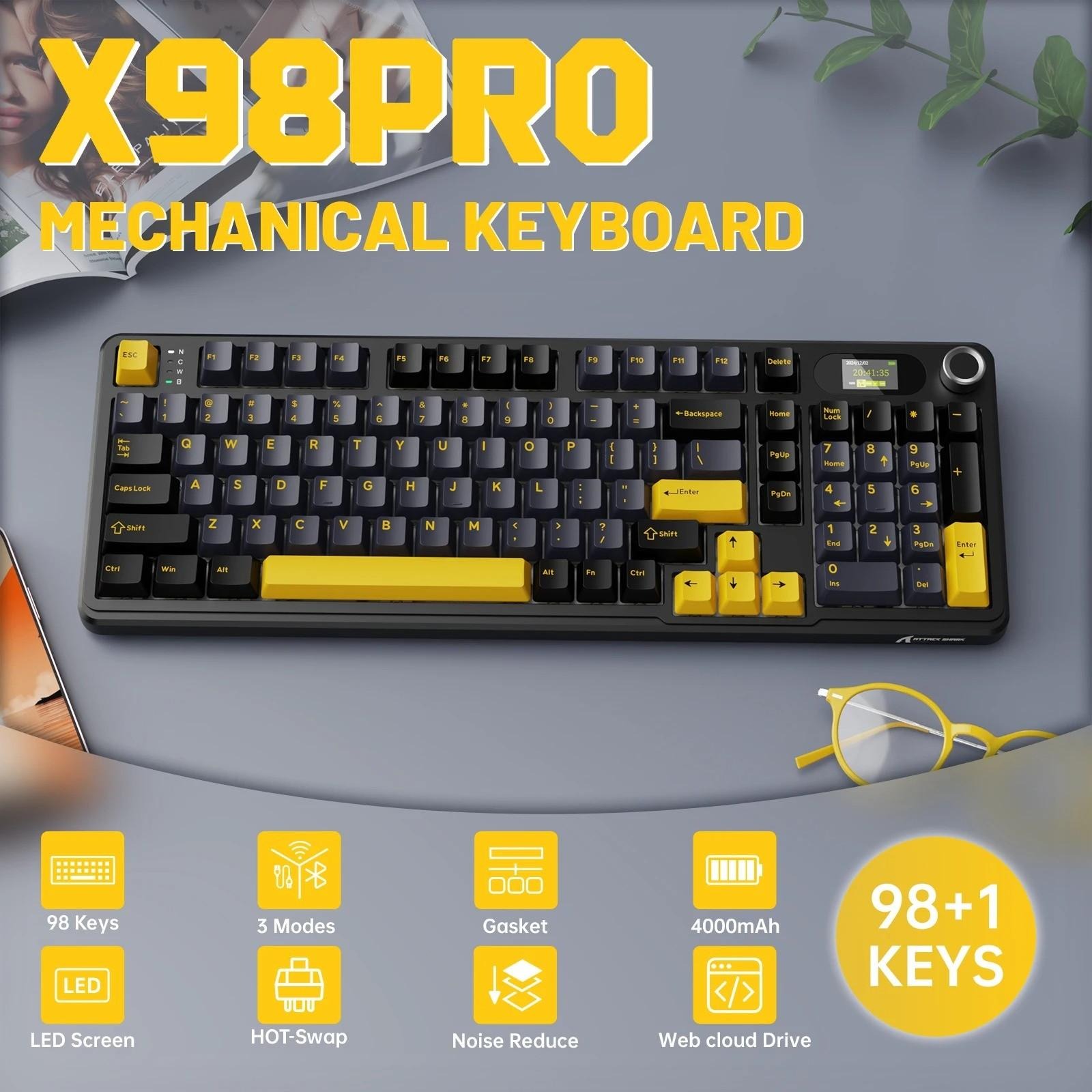ATTACK SHARK X98 Pro 98% Tri Mode Mechanical Gaming Keyboard Hot Swappable TFT Display RGB ปะเก็น Mo