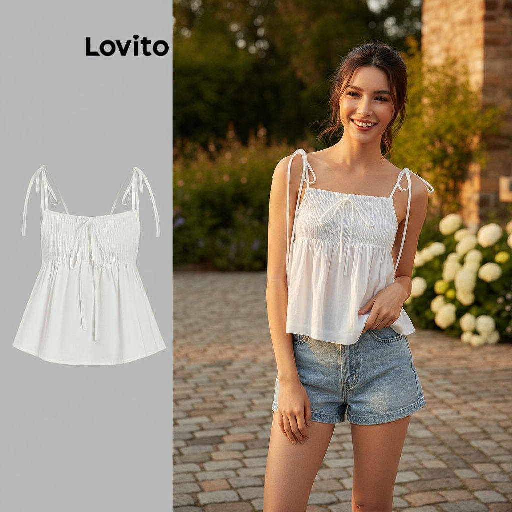 (Fashion_3) Lovito เสื้อกล้ามลําลองเสื้อกล้ามสม็อคสีพื้นสําหรับผู้หญิง L99ED323