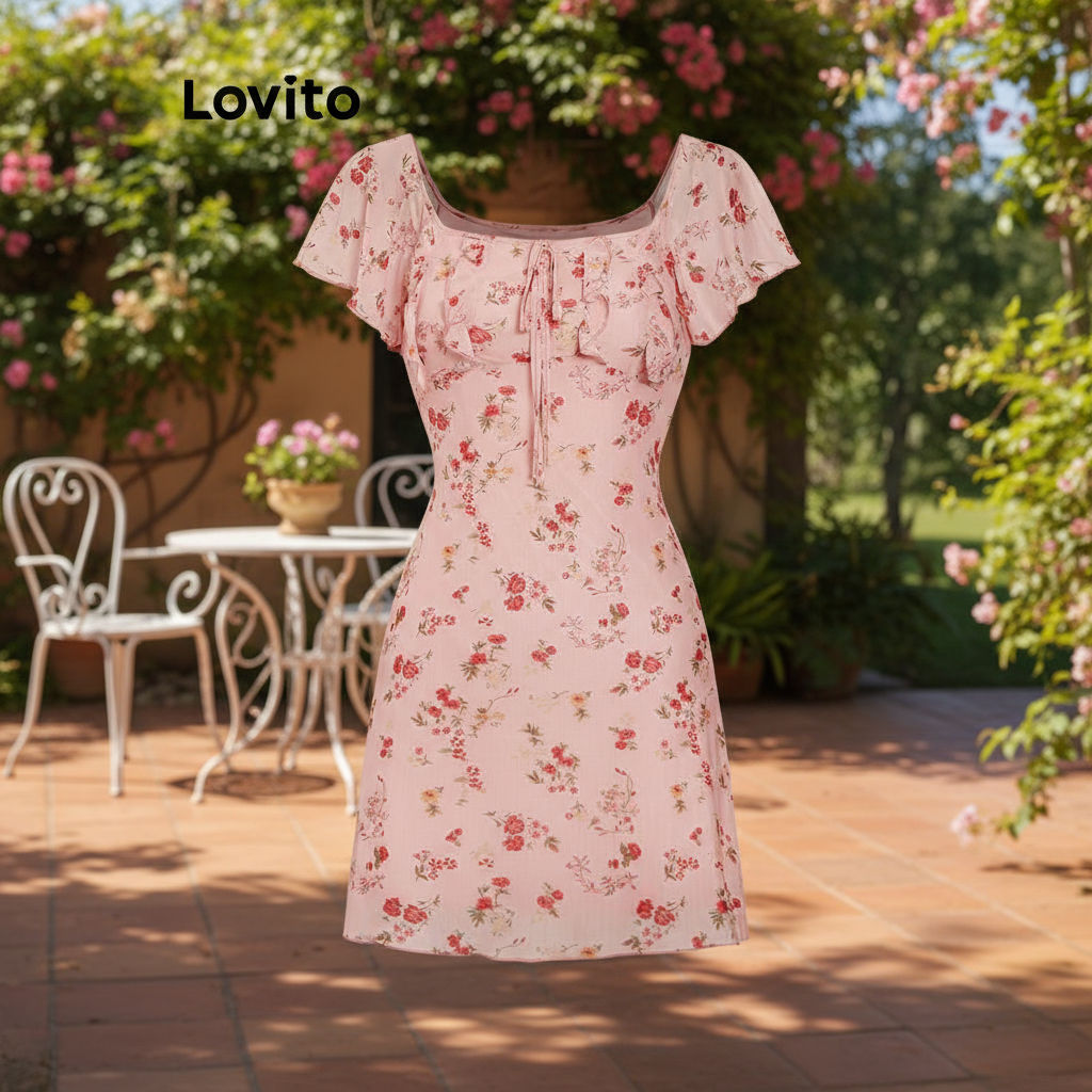 (trendy5)Lovito ชุดเดรสผู้หญิง แบบขอบหยัก ลายดอกไม้ สไตล์ลำลอง L101AD140