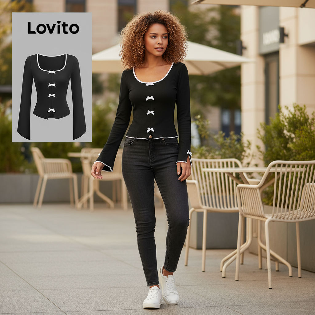 เสื้อยืดแขนยาวสำหรับผู้หญิง ออกแบบด้วยโบว์ Lovito
