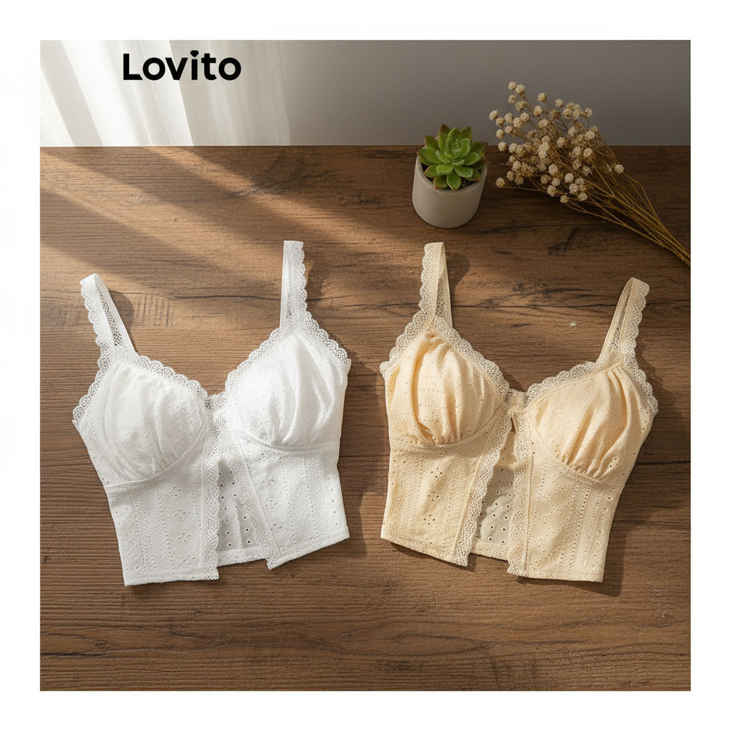 (trendy3)Lovito เสื้อกล้ามลําลองเสื้อกล้ามลูกไม้สีพื้นสําหรับผู้หญิง L93AD032 (หลากสี)