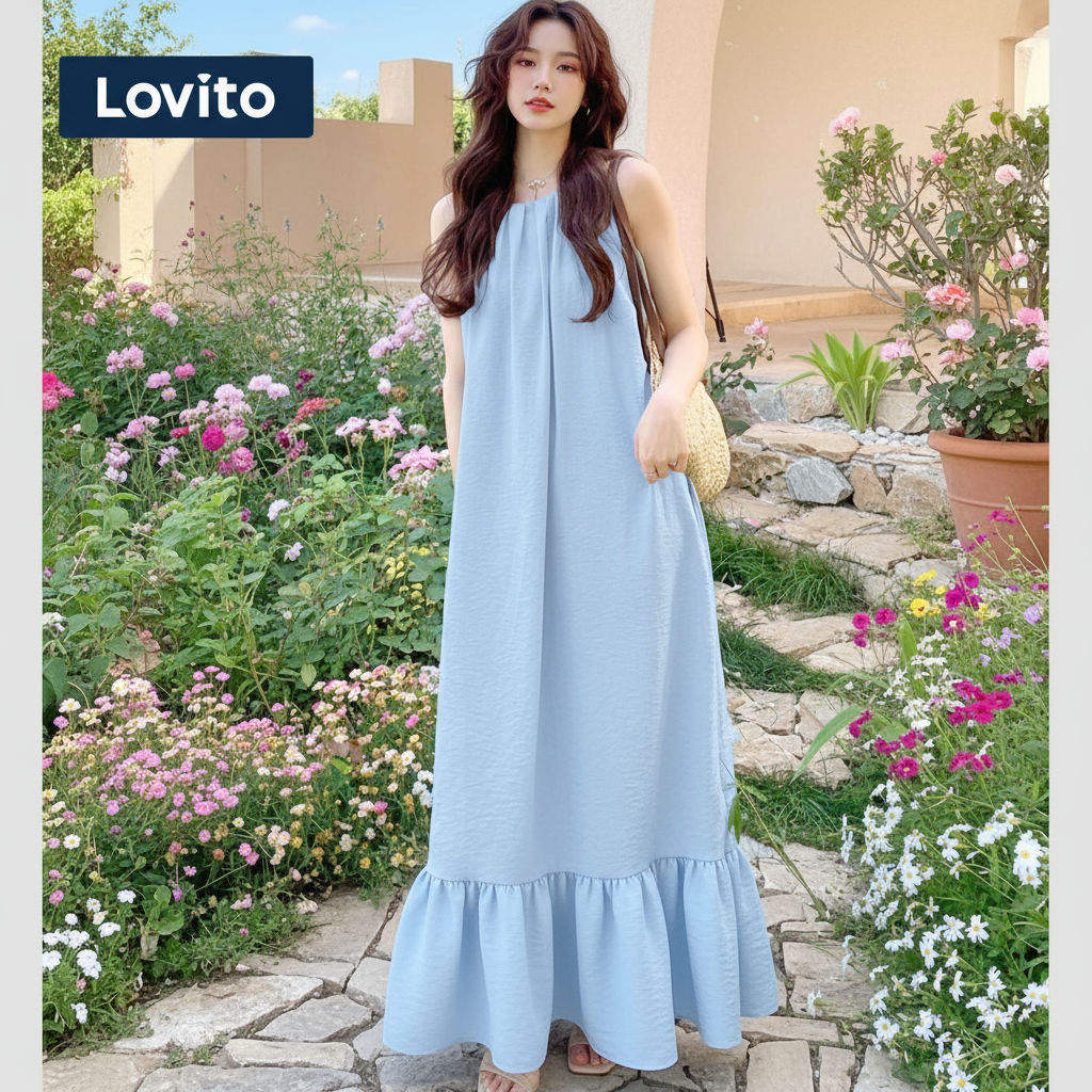 Lovito เดรสผู้หญิงลําลอง สีพื้น กระดุมหน้า L128ED602
