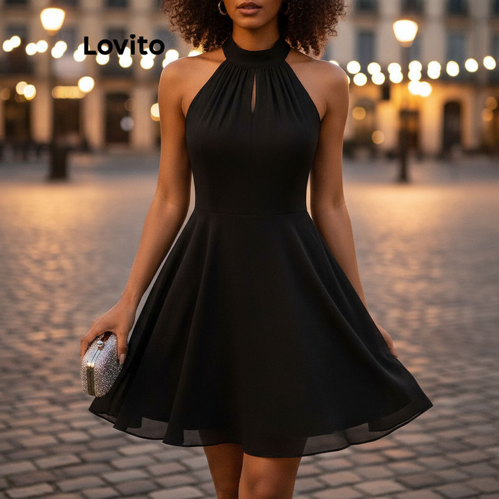 (Fashion_4) Lovito ชุดเดรสหรูหราชุดเดรสผูกหลังสองชั้นธรรมดาสําหรับผู้หญิง L80ED448