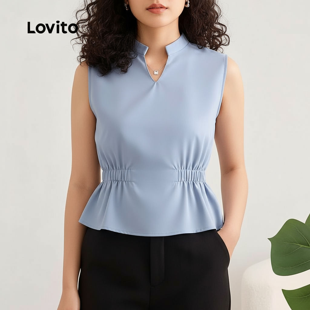 Lovito เสื้อคลุมลำลองผ้าถักคอวีสำหรับผู้หญิง สีฟ้าสำหรับฤดูใบไม้ผลิ/ฤดูร้อน L142ED657\5