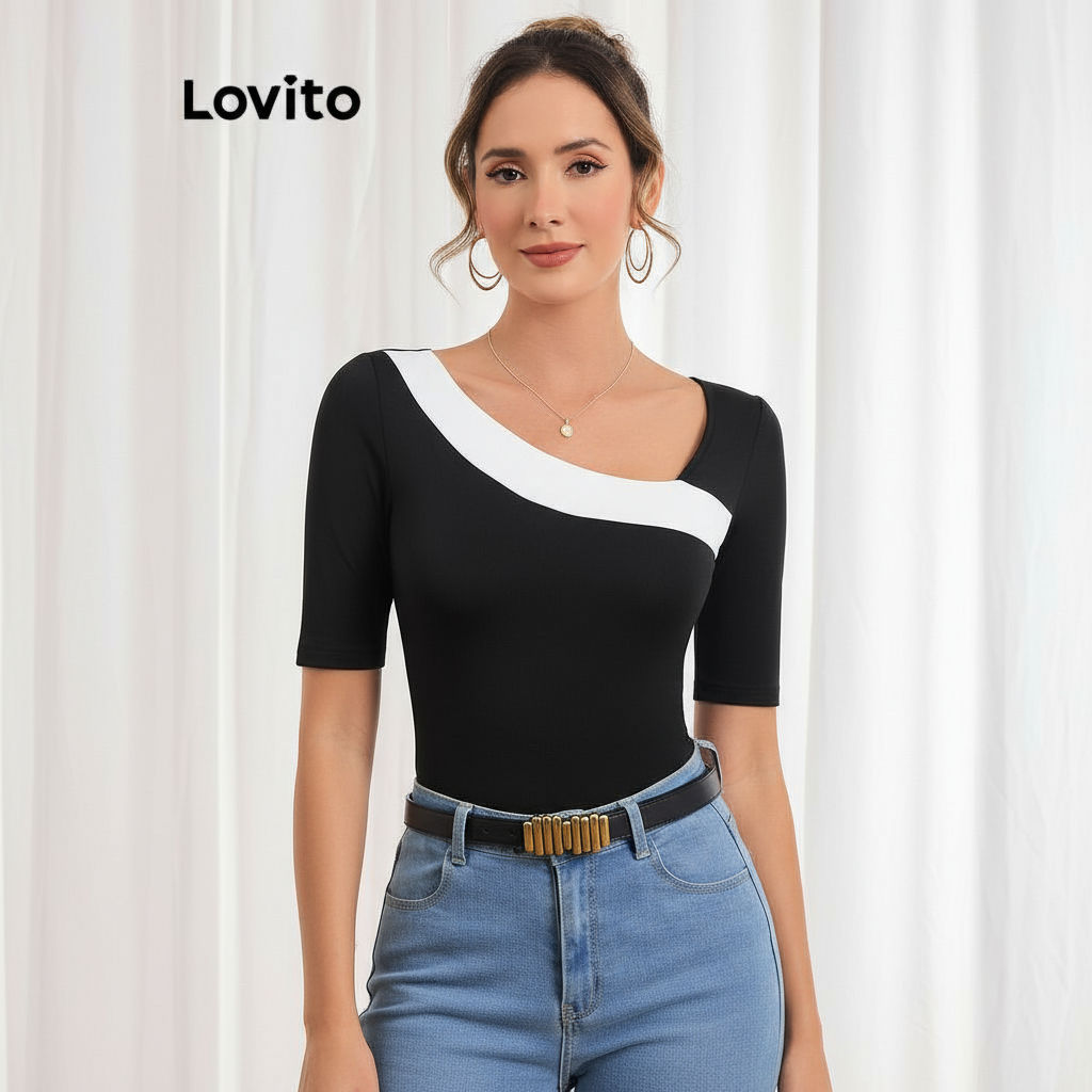 Lovito เสื้อยืดคอปกผูกพันสีตัดกันธรรมดาหรูหราสําหรับผู้หญิง LBL21069